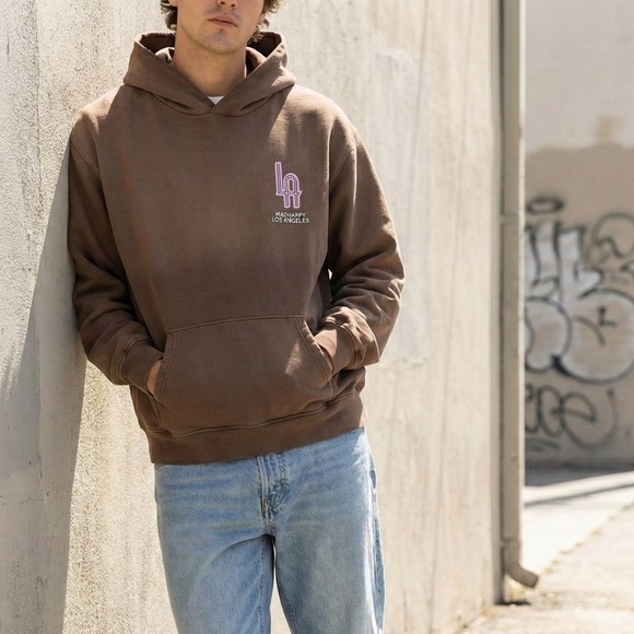 Madhappy Los Angeles‎ Graphic Hoodie Size Medium Brown Cotton Fleece Sweatshirt